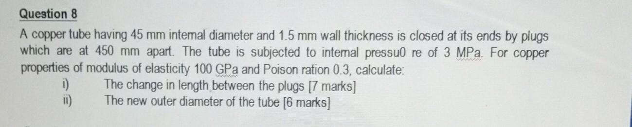 Solved Question 8 A copper tube having 45 mm intemal | Chegg.com