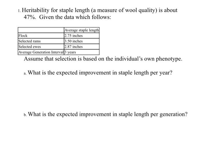 Solved 1. Heritability for staple length (a measure of wool