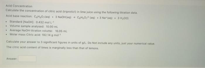 Solved Acid Concentration Calculate The Concentration Of | Chegg.com