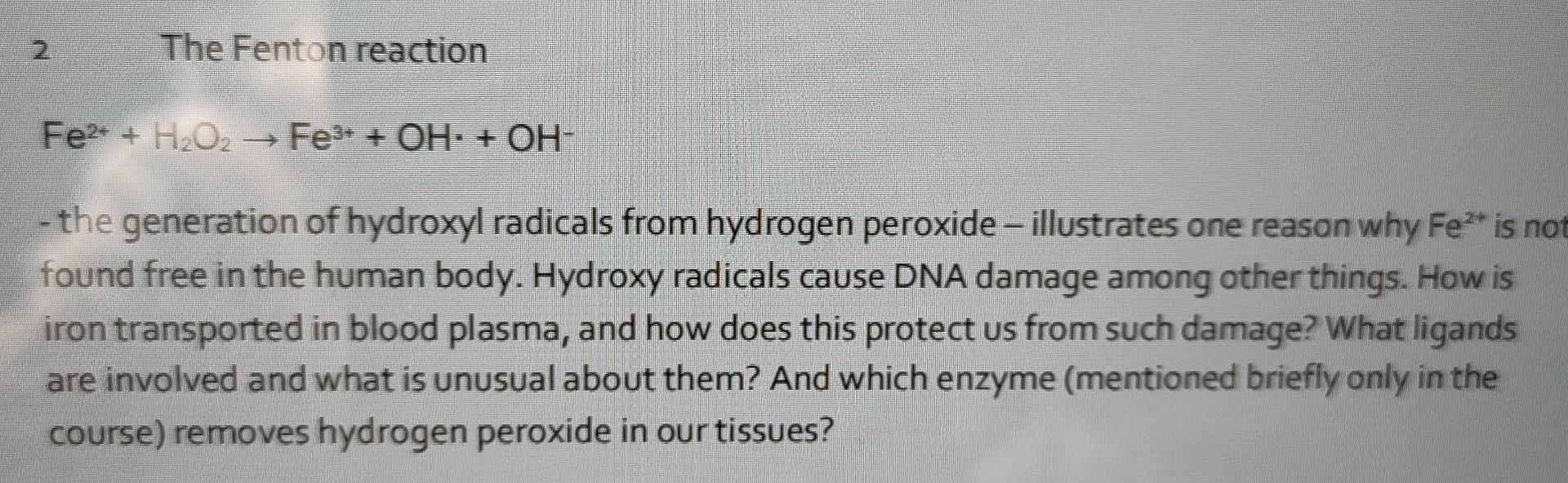 Solved The Fenton reaction Fe2+ + H2O2 → Fe3+ + OH + OH