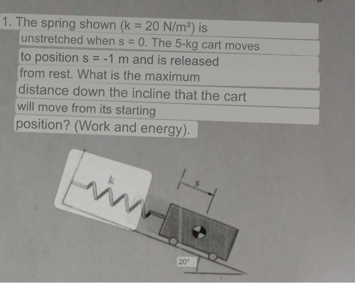 1. The spring shown \( \left(k=20 \mathrm{~N} / \mathrm{m}^{2}\right) \) is unstretched when \( \mathrm{s}=0 \). The \( 5-\ma