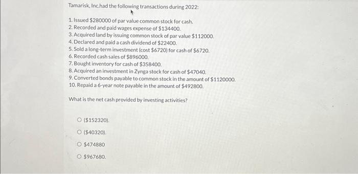 Solved Tamarisk, Inc.had the following transactions during | Chegg.com