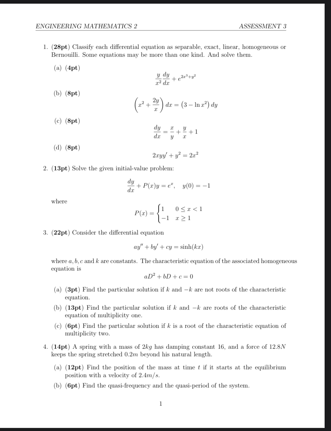 Solved ENGINEERING MATHEMATICS 2ASSESSMENT 3(28pt) ﻿Classify | Chegg.com