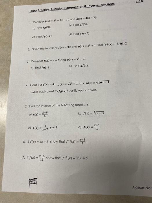 Solved 1.28 1.2B Extra Practice: Function Composition & | Chegg.com