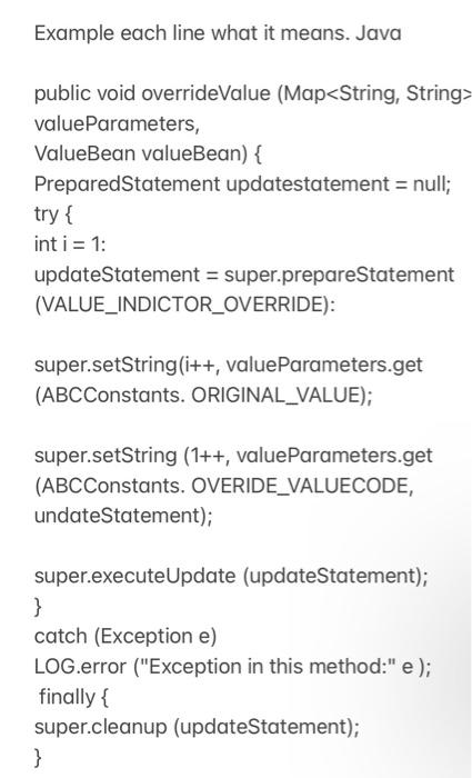 Example each line what it means. Java public void | Chegg.com