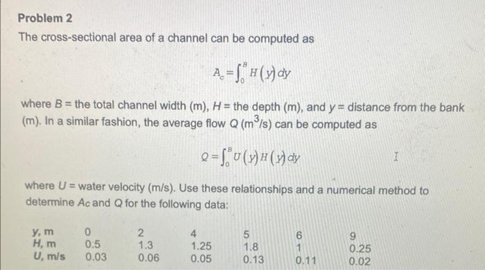 Solved The cross-sectional area of a channel can be computed | Chegg.com
