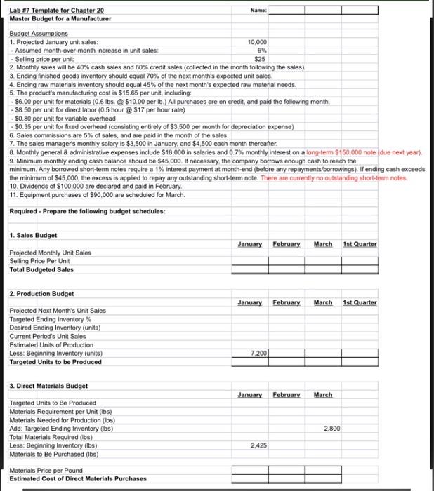 Solved Name: Lab #7 Template for Chapter 20 Master Budget | Chegg.com