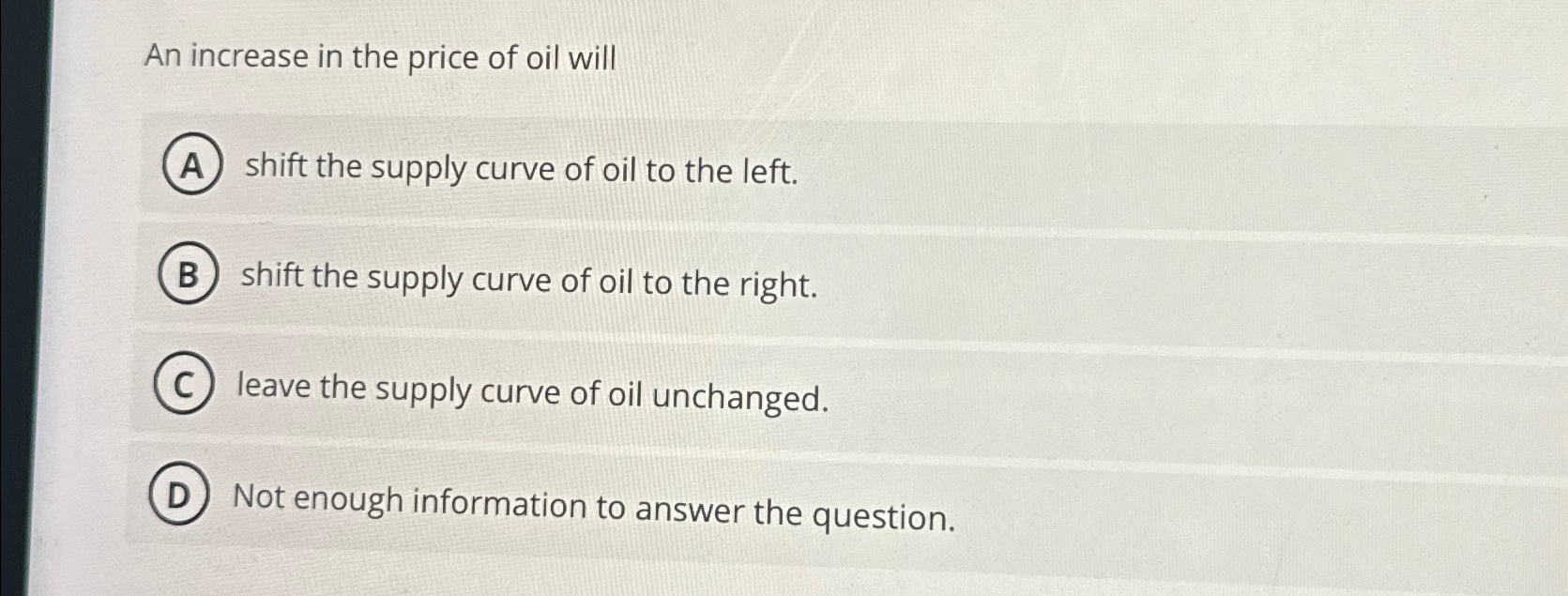 Solved An increase in the price of oil willshift the supply | Chegg.com
