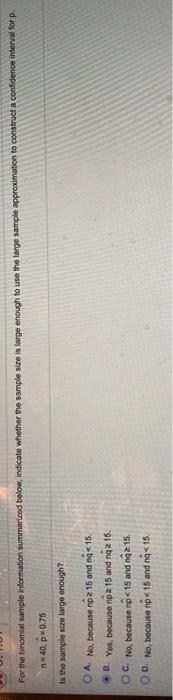 Solved For the binomial sample information summer eed below, | Chegg.com