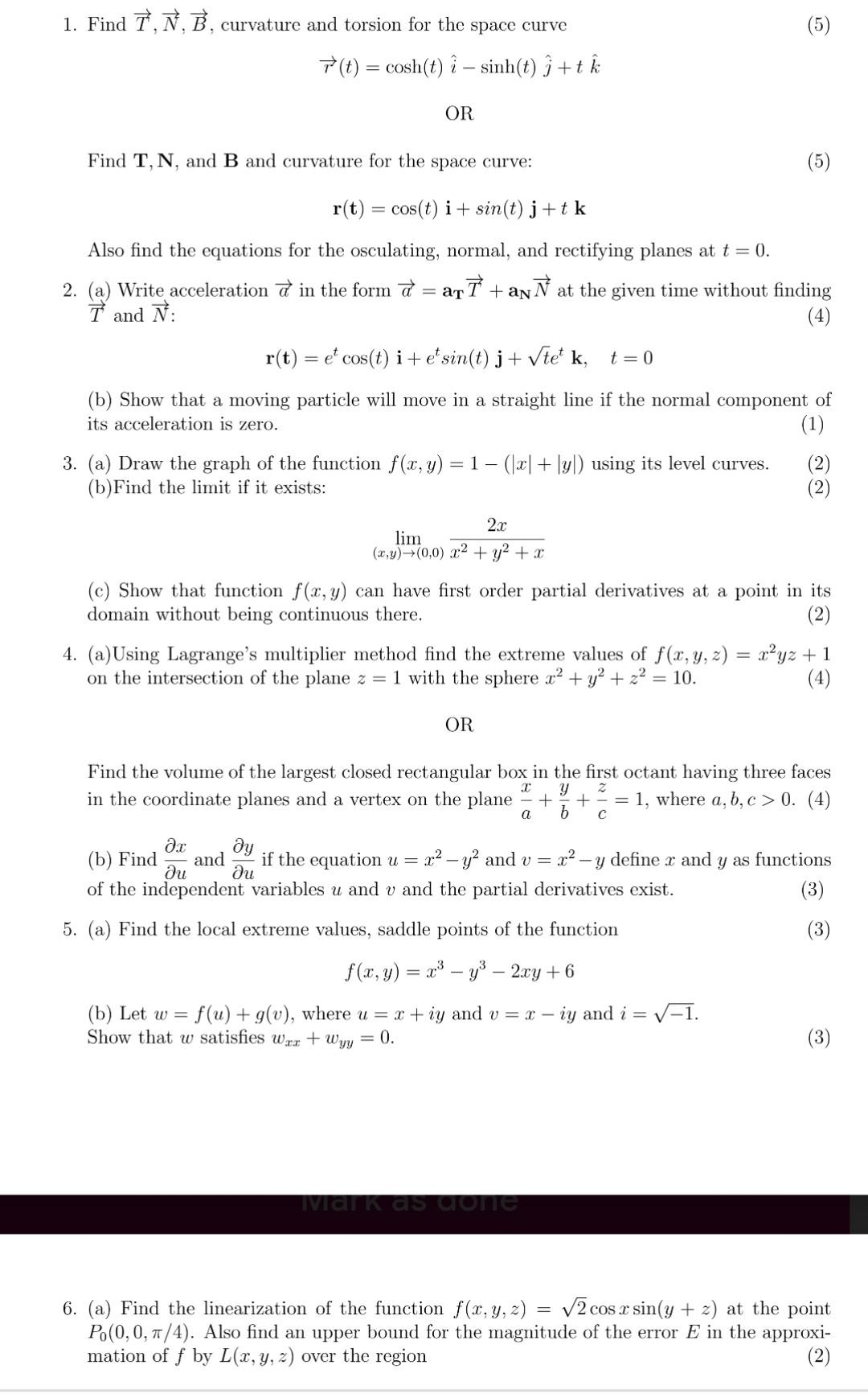 Solved 1 Find T N B Curvature And Torsion For The Spa Chegg Com
