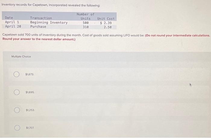 Solved Inventory records for Capetown, Incorporated revealed | Chegg.com