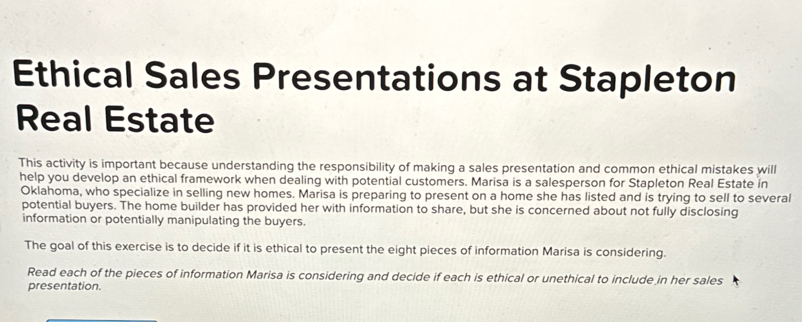 Solved Ethical Sales Presentations at Stapleton Real Estate