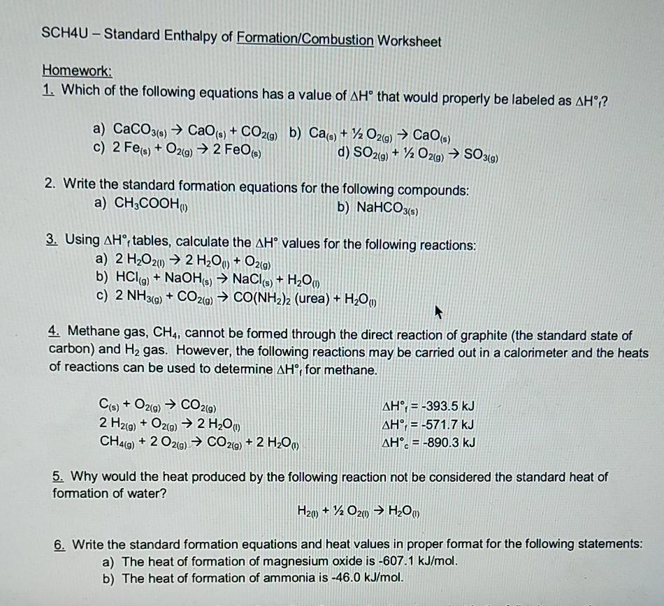 SCH4U - Standard Enthalpy Of Formation/Combustion ...