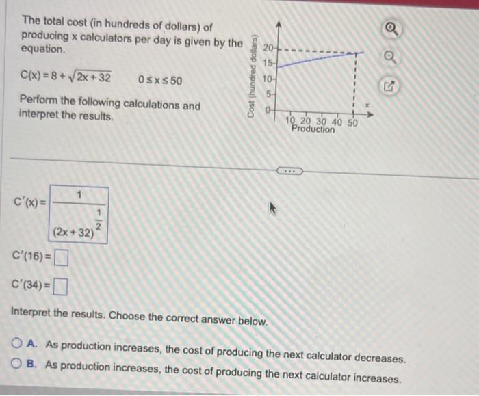 Solved The total cost (in hundreds of dollars) of producing | Chegg.com