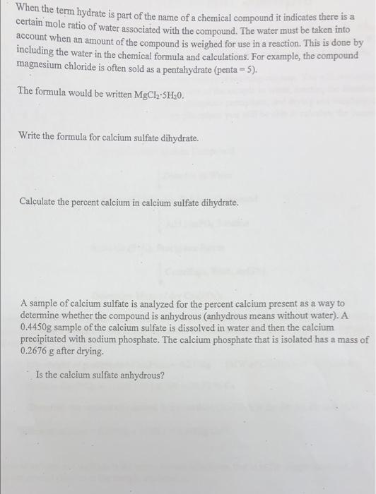 Solved Write The Formula For Calcium Sulfate Dihydrate 5730