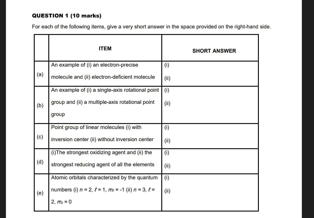 Solved QUESTION 1 (10 marks) For each of the following | Chegg.com