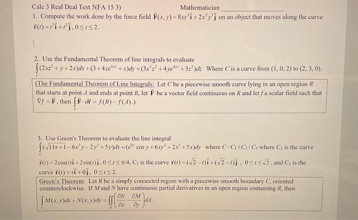 Solved Calc 3 Real Deal Test 5(FA 153) Mathematician 1. | Chegg.com
