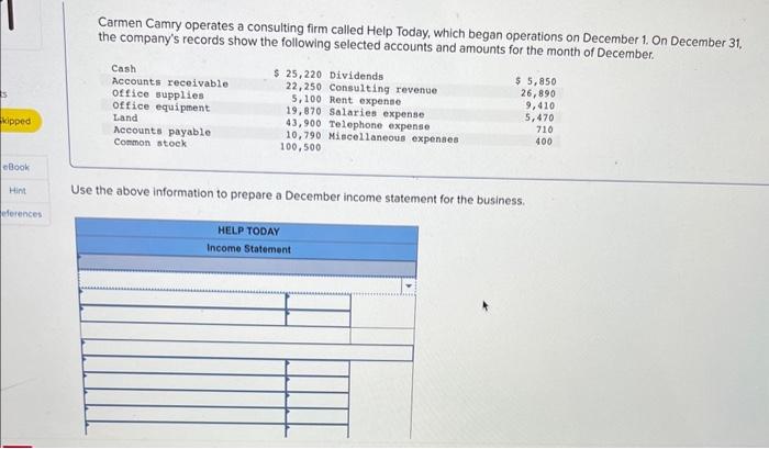 Solved Carmen Camry operates a consulting firm called Help | Chegg.com