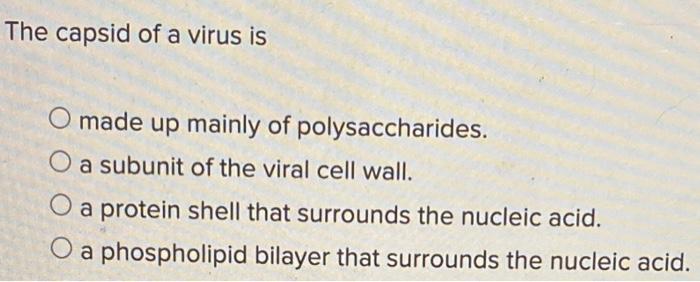 The capsid of a virus is O made up mainly of polysaccharides. a subunit of the viral cell wall. O a protein shell that surrou