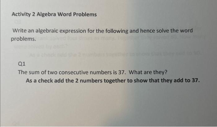 Solved Activity 2 Algebra Word Problems Write an algebraic | Chegg.com