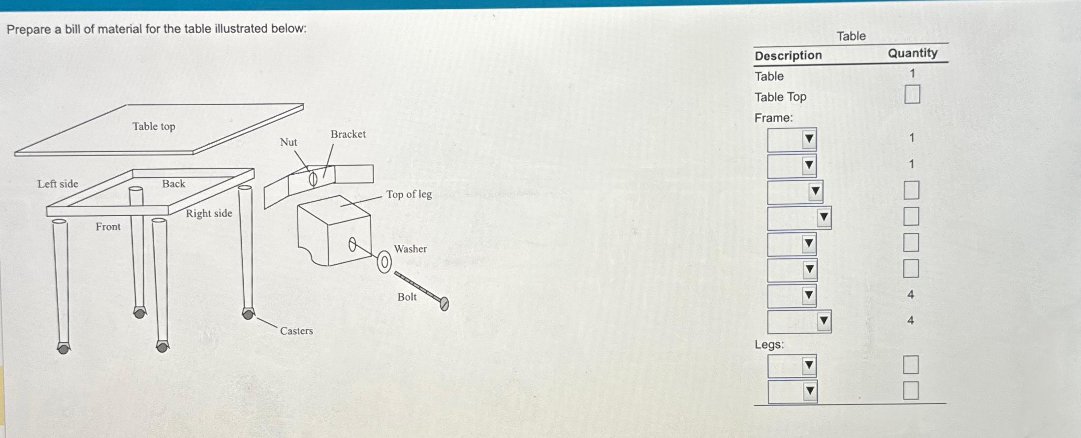 Solved Prepare a bill of material for the table illustrated 