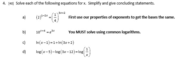 Solved 4. [40] Solve each of the following equations for x. | Chegg.com