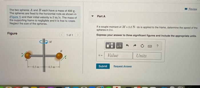 Solved Review The Two Spheres A And B Each Have A Mass Of | Chegg.com