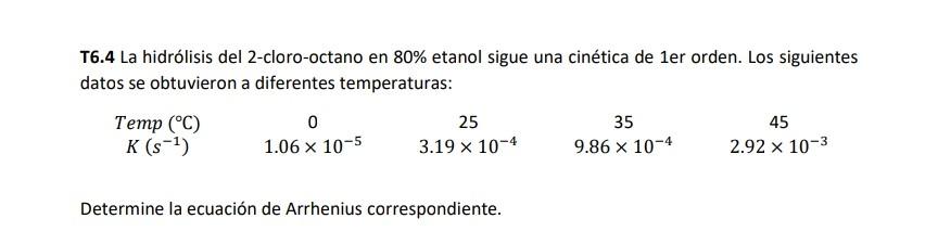 T6.4 La hidrólisis del 2-cloro-octano en \( 80 \% \) etanol sigue una cinética de \( 1 \mathrm{er} \) orden. Los siguientes d