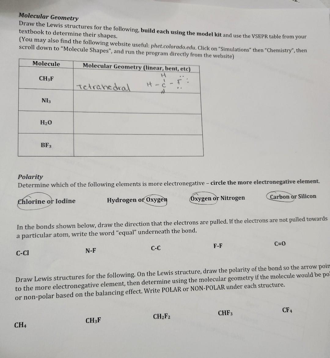 Solved Molecular Geometry Draw The Lewis Structures For The | Chegg.com