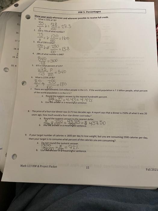 Solved 14 HW 5 Percentages Show Your Work Whenever And Chegg
