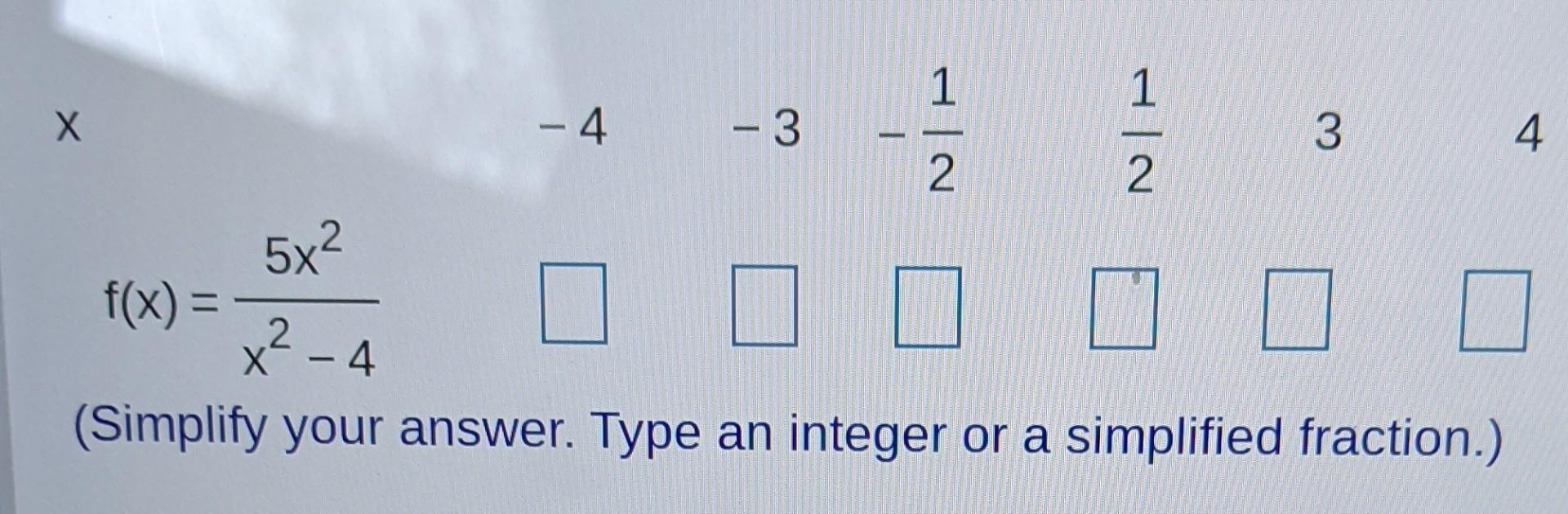 Solved 1 1 Х - 4 - 3 3 4 2 2. 5x2 F(x) = X² - 4 2 (Simplify | Chegg.com