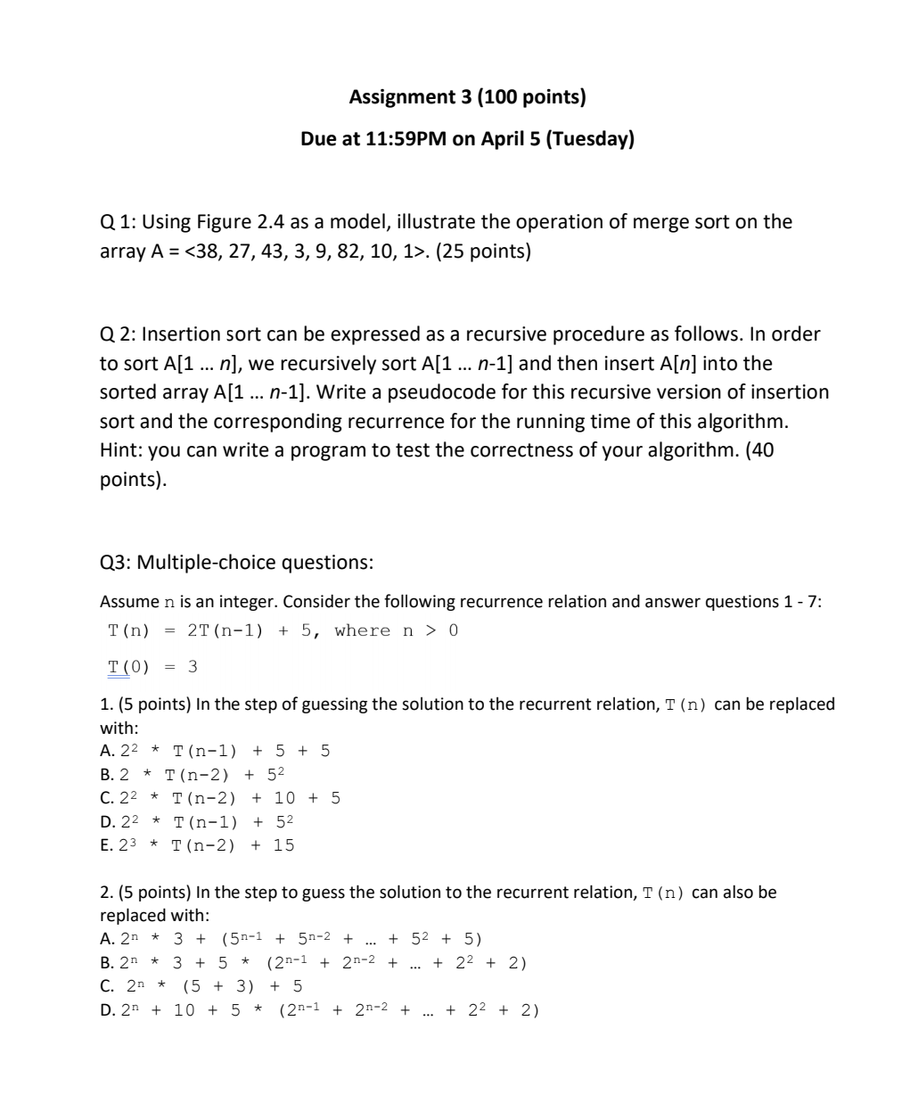 Solved Assignment 3 (100 points) Due at 11:59PM on April 5 | Chegg.com