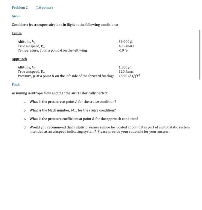 Solved Problem 2 (16 points) Given: Consider a jet transport | Chegg.com