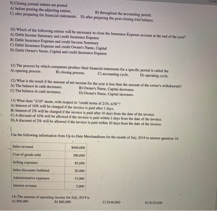 Solved Colla 9) Closing journal entries are posted A) before | Chegg.com