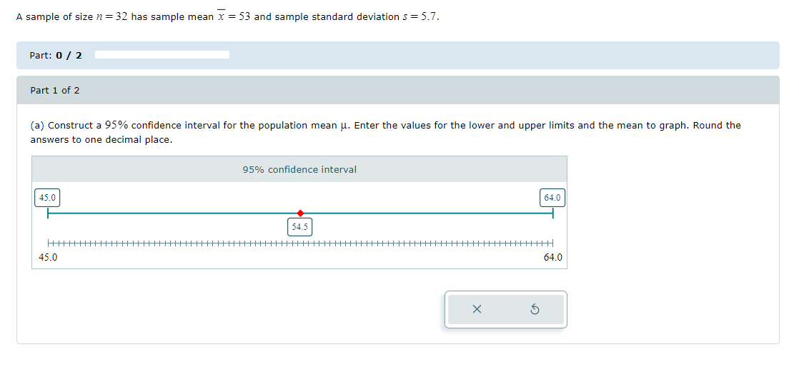Solved A sample of size n=32 ﻿has sample mean x‾=53 ﻿and