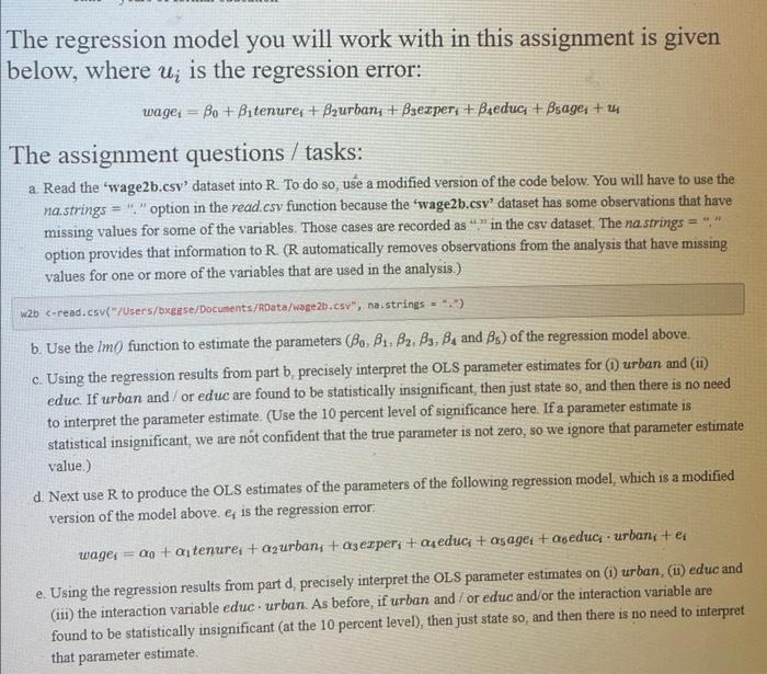 The regression model you will work with in this | Chegg.com