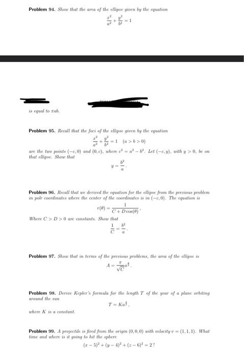 Solved Problem 94. Show that the area of the ellipse gienca | Chegg.com