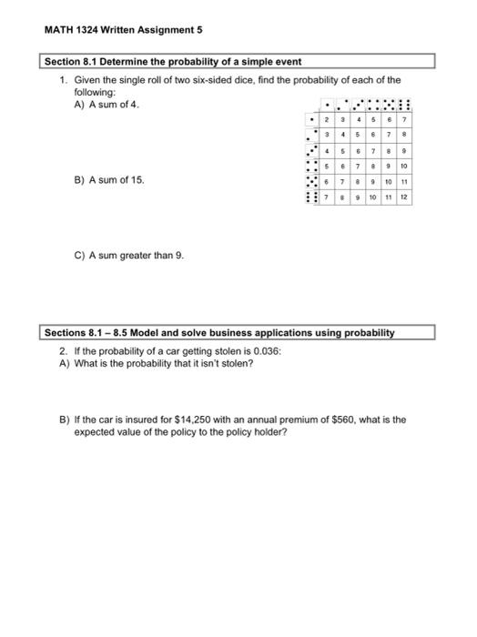 Solved MATH 1324 Written Assignment 5 Section 8.1 Determine | Chegg.com