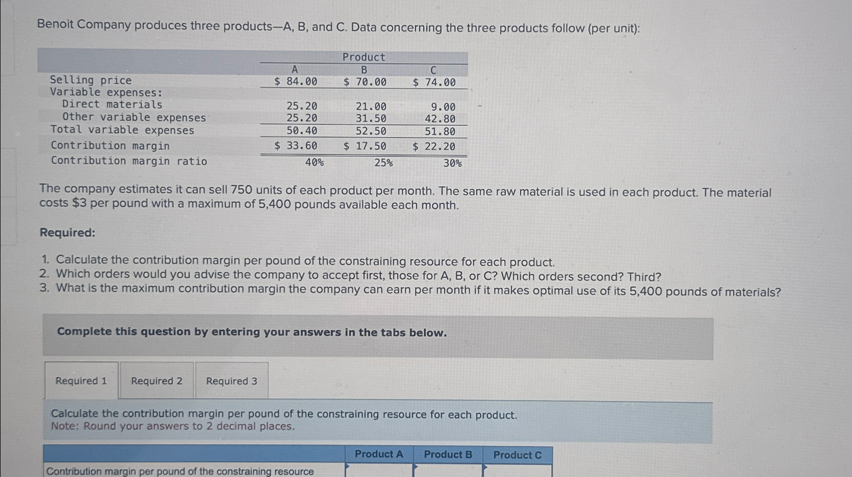 Solved Benoit Company Produces Three Products-A, ﻿B, ﻿and C. | Chegg.com