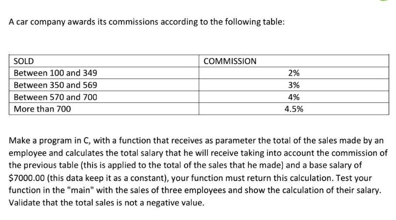 Solved A car company awards its commissions according to the | Chegg.com