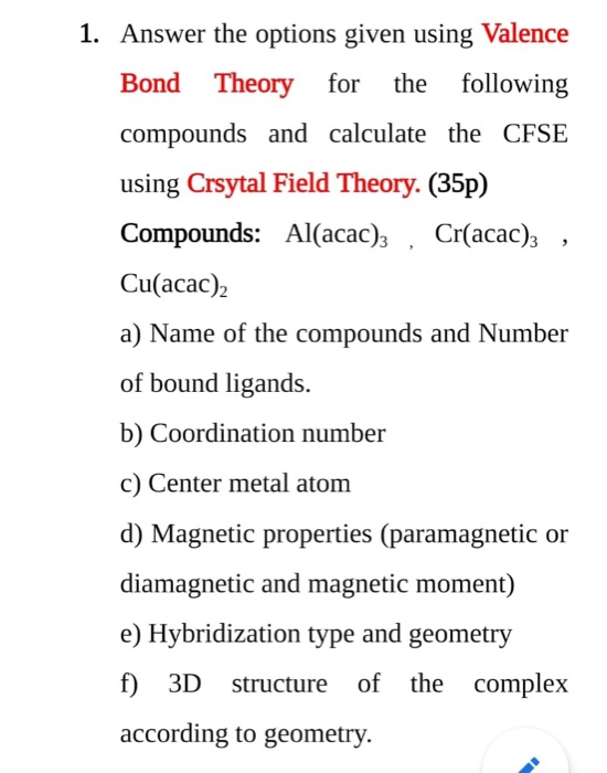 Solved 1. Answer the options given using Valence Bond Theory | Chegg.com