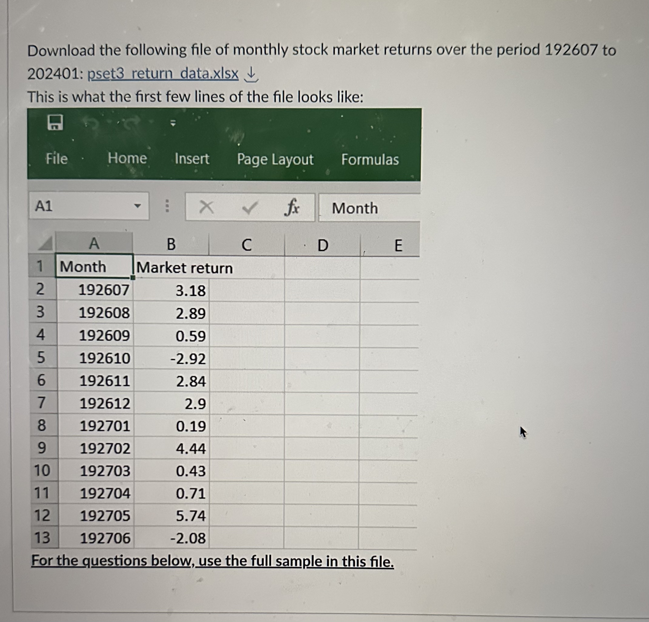 Download the following file of monthly stock market | Chegg.com