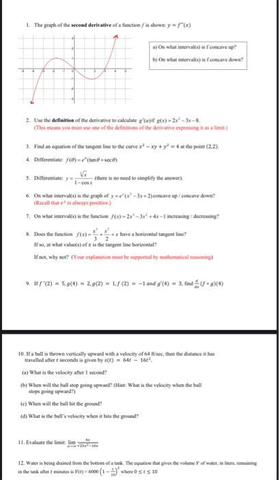 Solved 1. The graph of the sevond derivative of a function f | Chegg.com