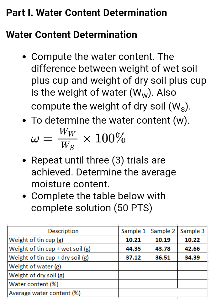Solved Part I. Water Content Determination Water Content