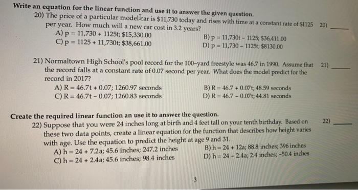 Solved Write an equation for the linear function and use it | Chegg.com