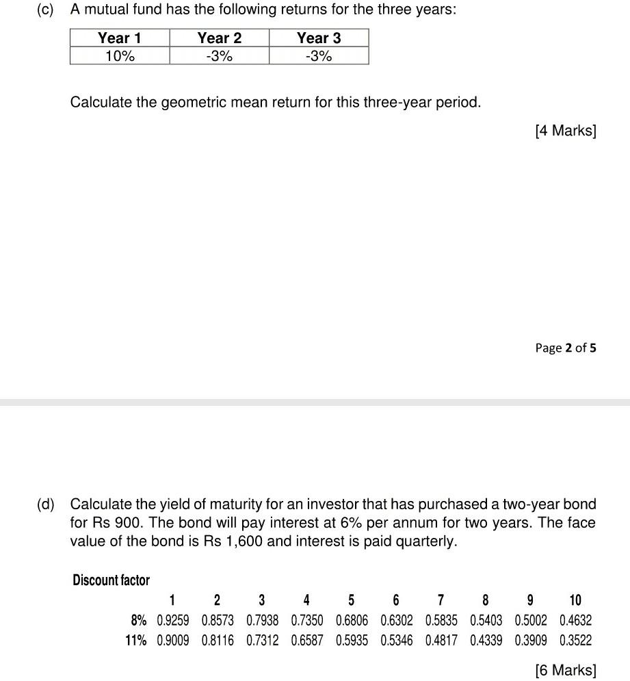 Solved (c) A mutual fund has the following returns for the | Chegg.com