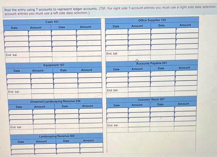 Post the entry using T-accounts to represent ledger accounts. (TIP: For right side T-account entries you must use a right sid