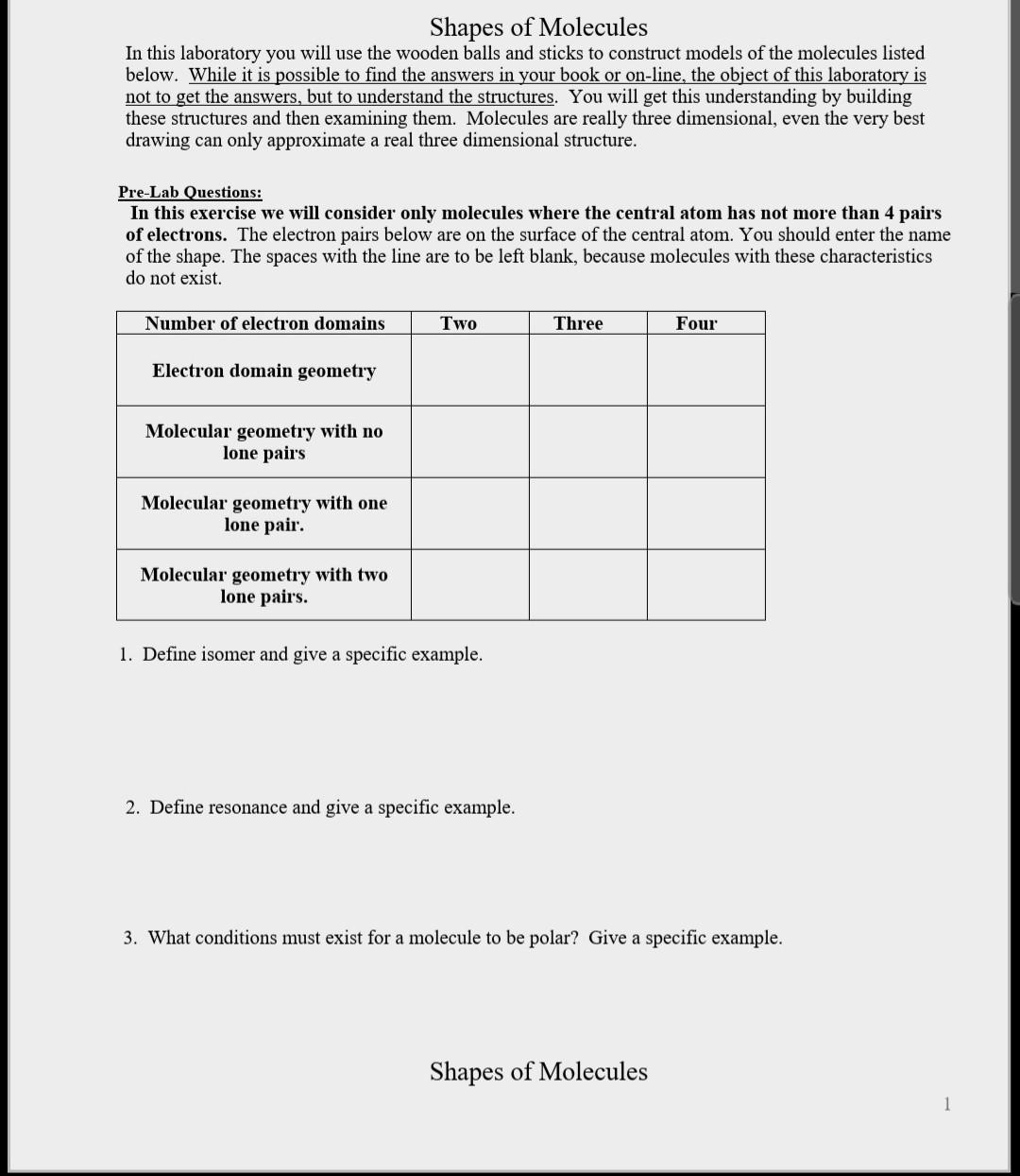[Solved] Shapes of Molecules In this laboratory y