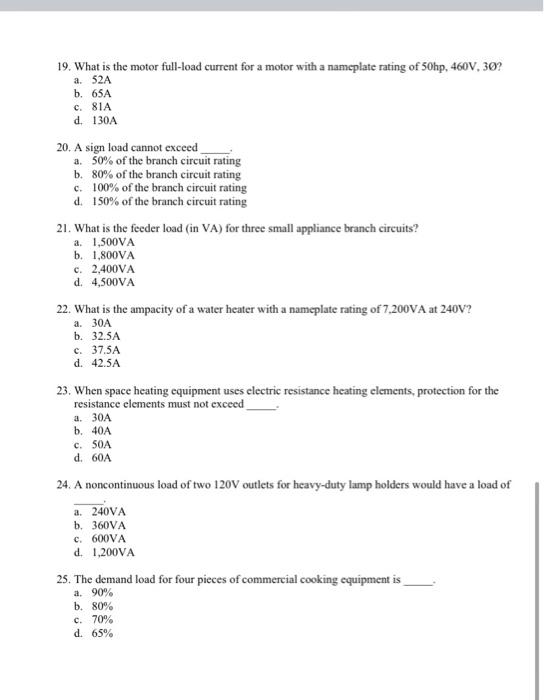 Solved 19. What is the motor fullload current for a motor