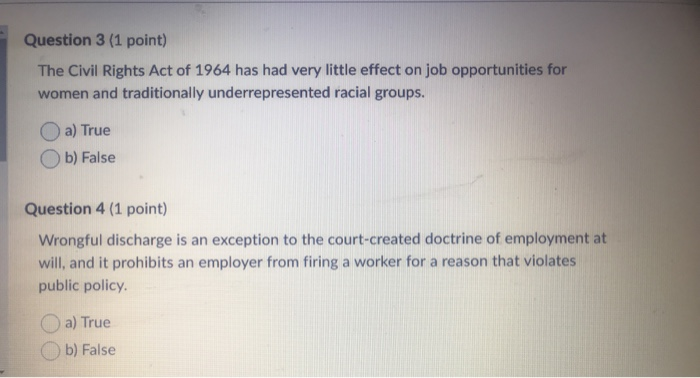 Solved Question 3 (1 point) The Civil Rights Act of 1964 has | Chegg.com